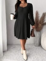 Elorivane Plus Size Sweetheart Neck Dress, Ruched Ribbed Long Sleeve Casual Dress, Fall Wear - Image 3