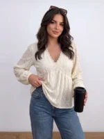 Elorivane Plus Jacquard Top, Apricot Lace Trim Fall Blouse - Image 3