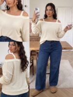 Elorivane Plus Size Open Shoulder Solid Top, Long Sleeve Casual Blouse, Fall Winter Office Daily Going Out Wear - Image 7