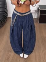 Elorivane Women Brown Striped Cargo Pants, Oversized Curved Hem Vintage Summer Fall Streetwear Trousers - Image 26