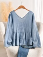 Elorivane Blue White Embroidered Blouse, Long Sleeve Cute Boho Shirt, Autumn Daily Vacation Top - Image 3