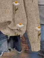 Elorivane Plus Size Beige Vintage Embroidered Crew Neck Loose Pullover - Image 6