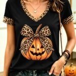 Elorivane Plus Size Halloween Leopard Print Pumpkin Bow Graphic Short Sleeve T-Shirt