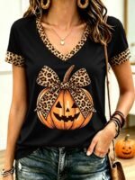 Elorivane Plus Size Halloween Leopard Print Pumpkin Bow Graphic Short Sleeve T-Shirt