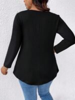 Elorivane Plus Size Mesh Patchwork V-Neck Long Sleeve T-Shirt Elegant Minimalist for Fall Commute Casual Wear - Image 2