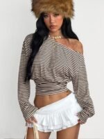 Elorivane Women Green Striped Asymmetrical Shoulder Top, Stretchy Long Sleeve Y2K Streetwear Tee - Image 26