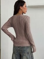 Elorivane Women Brown Vintage Sweater, Preppy Y2K Old Money Casual Fall Winter Pullover - Image 24