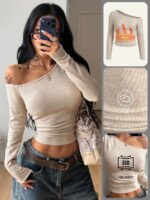 Elorivane Women Vintage Leopard Knit Top, Asymmetrical Neck Grommet Long Sleeve Stretchy Spring Summer Streetwear - Image 30
