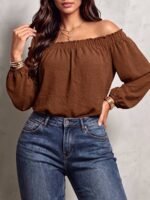 Elorivane Plus Size Loose Ruffle Off-Shoulder Smocked Lantern Sleeve Blouse for Spring Autumn Daily Versatile Wear - Image 3
