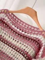 Elorivane Plus Size Blue White Striped Sweater, Hollow Out Boat Neck Cropped Long Sleeve, Fall Winter Loose Top - Image 13