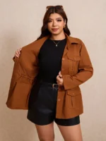 Elorivane Plus Size Flap Pocket Drawstring Waist Jacket, Barn Style Outerwear, Fall Winter Casual Wear - Image 22