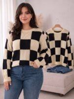 Elorivane Plus Size Black Yellow Color Block Sweater, Double Layer Round Neck Long Sleeve Versatile Spring Summer Autumn Top - Image 7