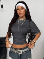 Elorivane Women Dark Grey Ruched Crop Tee, Loose Stretchy Y2K Grunge Summer Streetwear Top - Image 12
