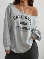 Elorivane Women Plus Size Grey Wash Sweatshirt, Asymmetrical Shoulder Grommet Long Sleeve Y2K Fall Winter Top - Image 20