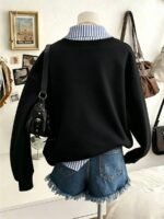 Elorivane Plus Size Linen Striped Patchwork Collared Pullover Sweatshirt for Autumn Daily Wear & Holidays - Image 5