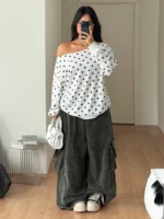 Elorivane Women Plus Size Grey Wash Sweatshirt, Asymmetrical Shoulder Grommet Long Sleeve Y2K Fall Winter Top - Image 31