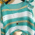 Elorivane Plus Size Contrast Stripe Knit Top, Round Neck Cutout Crochet Detail Loose Fit, Fall Casual Wear