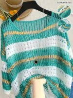 Elorivane Plus Size Contrast Stripe Knit Top, Round Neck Cutout Crochet Detail Loose Fit, Fall Casual Wear