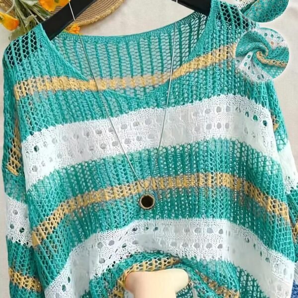 Elorivane Plus Size Contrast Stripe Knit Top, Round Neck Cutout Crochet Detail Loose Fit, Fall Casual Wear
