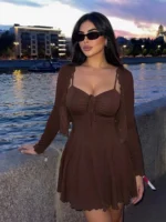 Elorivane Plus Size Brown 2-Piece Set, Wrap Spaghetti Strap Mini Dress & Cardigan, Casual Spring Summer Autumn Outfit - Image 2