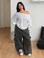 Elorivane Women Plus Size Grey Wash Sweatshirt, Asymmetrical Shoulder Grommet Long Sleeve Y2K Fall Winter Top - Image 28