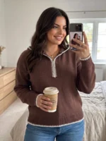 Elorivane Plus Size Brown Colorblock Sweater, Zip-Up French Soft Knit Pullover, Commuter Vacation Autumn Top - Image 3