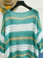 Elorivane Plus Size Contrast Stripe Knit Top, Round Neck Cutout Crochet Detail Loose Fit, Fall Casual Wear - Image 2