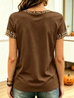 Elorivane Plus Size Halloween Leopard Print Pumpkin Bow Graphic Short Sleeve T-Shirt - Image 5