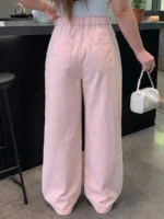 Elorivane Plus Size Pink Denim Jeans, Mid-Waist Pearl Patchwork Loose Wide Leg Casual Fall Pants - Image 3