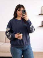 Elorivane Plus Size Floral Embroidery Sweatshirt, Crew Neck Long Sleeve Elegant Top, Spring Fall - Image 10