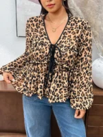 Elorivane Plus Size Blue Ditsy Floral Blouse, V-Neck Tie Long Sleeve Top, Romantic Fall Daily Home Wear - Image 22