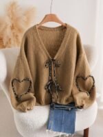 Elorivane Plus Size Apricot Cardigan, Tie-Front Knot, Cute Kawaii Autumn Date Office Sweater - Image 6