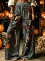 Elorivane Plus Size Women Halloween Pumpkin Ghost Print Wide Leg Pants, Vintage Daily Outfit - Image 4