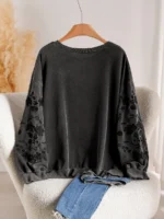 Elorivane Plus Size Floral Embroidery Sweatshirt, Crew Neck Long Sleeve Elegant Top, Spring Fall - Image 2