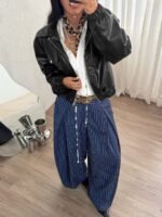 Elorivane Women Brown Striped Cargo Pants, Oversized Curved Hem Vintage Summer Fall Streetwear Trousers - Image 25