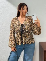 Elorivane Plus Size Blue Ditsy Floral Blouse, V-Neck Tie Long Sleeve Top, Romantic Fall Daily Home Wear - Image 23