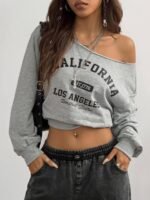 Elorivane Women Plus Size Grey Wash Sweatshirt, Asymmetrical Shoulder Grommet Long Sleeve Y2K Fall Winter Top - Image 24