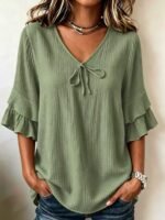 Elorivane Plus Size Women's Navy Blue Boho Blouse, Cotton Ruffle Sleeves with Bow Decor, Casual Leisure Shirt for Summer Vacation, Home, Daily Outing & Travel, Also Great for Fall Wear - Image 20
