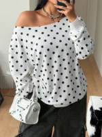 Elorivane Women Plus Size Grey Wash Sweatshirt, Asymmetrical Shoulder Grommet Long Sleeve Y2K Fall Winter Top - Image 27