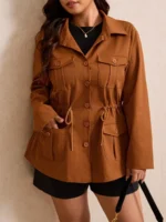 Elorivane Plus Size Flap Pocket Drawstring Waist Jacket, Barn Style Outerwear, Fall Winter Casual Wear - Image 17