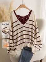 Elorivane Plus Size Striped Sweater, V-Neck Long Sleeve Pullover with Bow Back, Autumn Winter Casual Top - Image 8