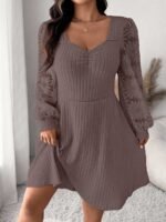 Elorivane Plus Size Sweetheart Neck Dress, Ruched Ribbed Long Sleeve Casual Dress, Fall Wear - Image 35