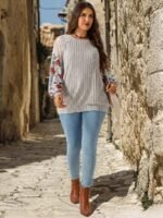Elorivane Plus Size Floral Print Lace Patchwork Sweatshirt for Autumn Winter Brunch Vacation - Image 5