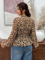 Elorivane Plus Size Blue Ditsy Floral Blouse, V-Neck Tie Long Sleeve Top, Romantic Fall Daily Home Wear - Image 18
