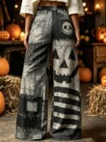 Elorivane Plus Size Women Halloween Pumpkin Spider Web Drawstring Wide Leg Pants, Retro Printed Trousers - Image 2