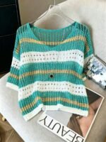 Elorivane Plus Size Contrast Stripe Knit Top, Round Neck Cutout Crochet Detail Loose Fit, Fall Casual Wear - Image 4