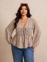 Elorivane Plus Size Blue Ditsy Floral Blouse, V-Neck Tie Long Sleeve Top, Romantic Fall Daily Home Wear - Image 10
