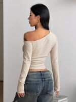 Elorivane Women Vintage Leopard Knit Top, Asymmetrical Neck Grommet Long Sleeve Stretchy Spring Summer Streetwear - Image 35