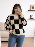 Elorivane Plus Size Black Yellow Color Block Sweater, Double Layer Round Neck Long Sleeve Versatile Spring Summer Autumn Top - Image 4