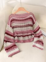 Elorivane Plus Size Blue White Striped Sweater, Hollow Out Boat Neck Cropped Long Sleeve, Fall Winter Loose Top - Image 17